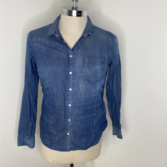 chico Tops - Chico's Denim Shirt Womens 1 S Chambray Blue Pearl Snap Front Long Sleeve